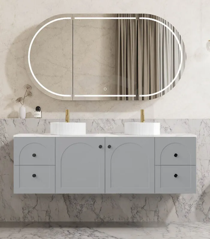 Chester 1500mm Double Bowl Wall Hung Vanity - Matt Grey with Marble Stone Top