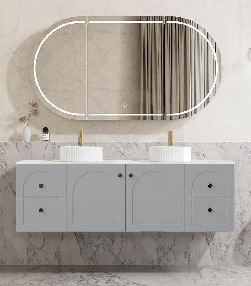 Chester 1500mm Double Bowl Wall Hung Vanity - Matt Grey with Marble Stone Top