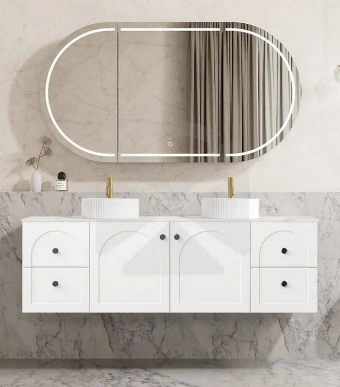 Chester 1500mm Double Bowl Wall Hung Vanity - Matt White with Marble Stone Top