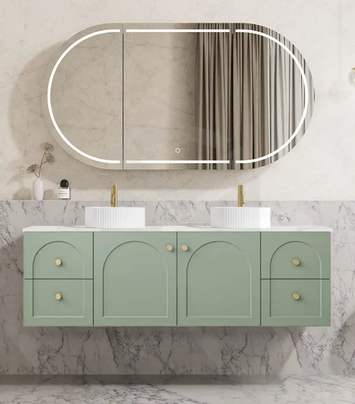 Chester 1500mm Double Bowl Wall Hung Vanity - Matt Green with Marble Stone Top