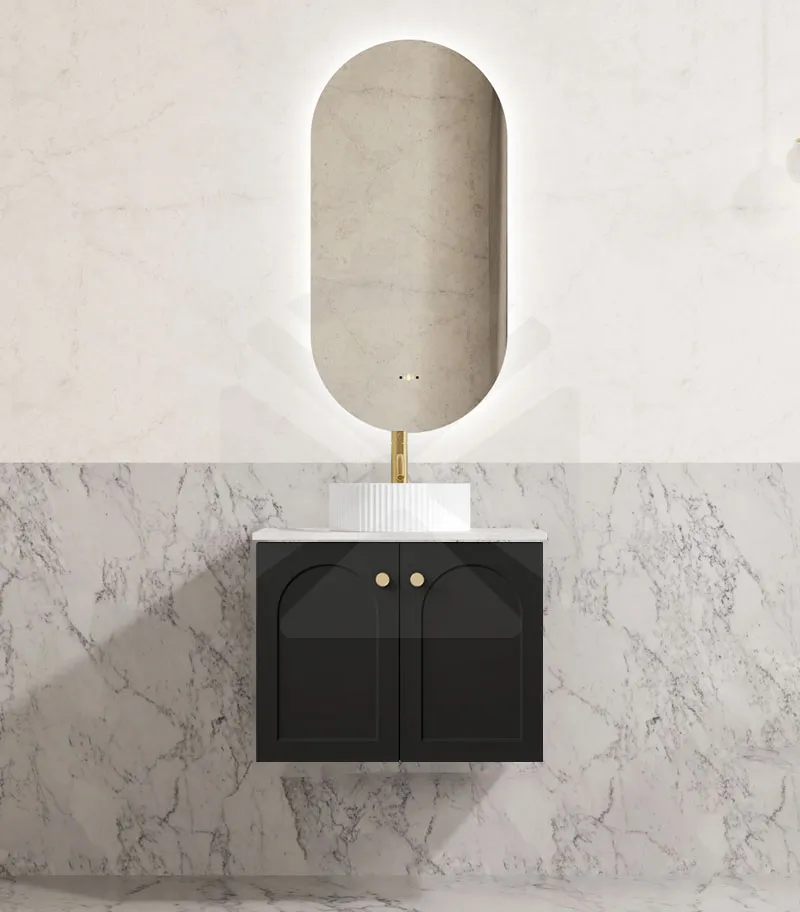 Chester 600mm Wall Hung Vanity - Matt Black with Marble Stone Top