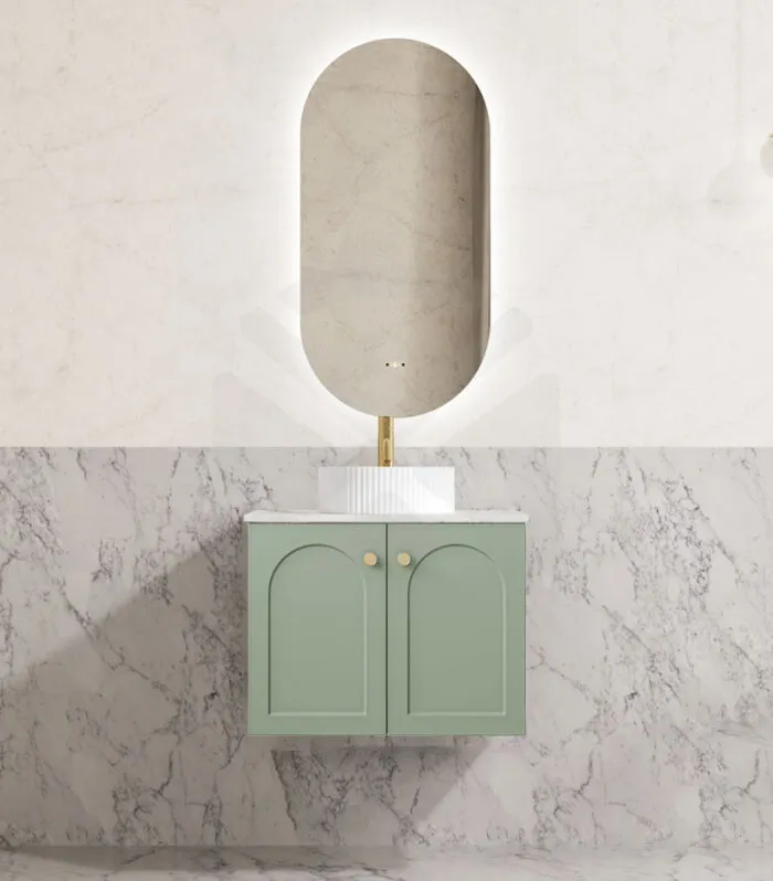 Chester 600mm Wall Hung Vanity - Olive Green with Marble Stone Top
