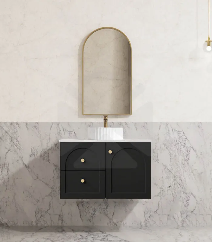Chester 750mm Wall Hung Vanity - Matt Black with Marble Stone Top LHD