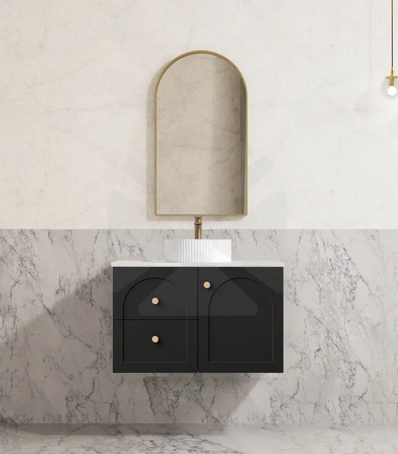 Chester 750mm Wall Hung Vanity - Matt Black with Marble Stone Top LHD