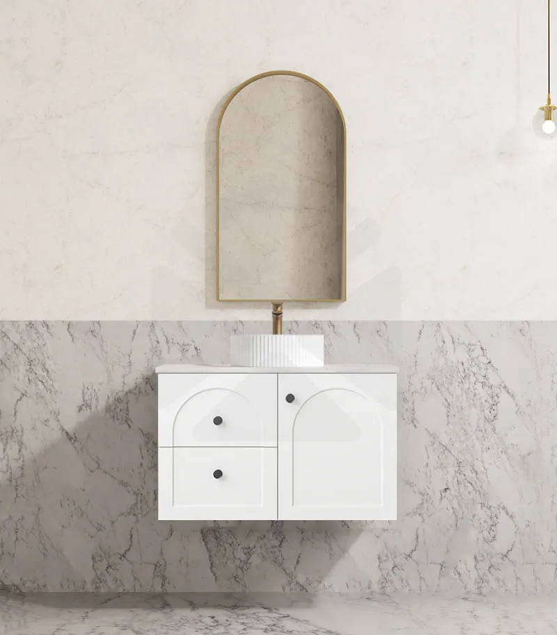 Chester 750mm Wall Hung Vanity - Matt White with Marble Stone Top LHD