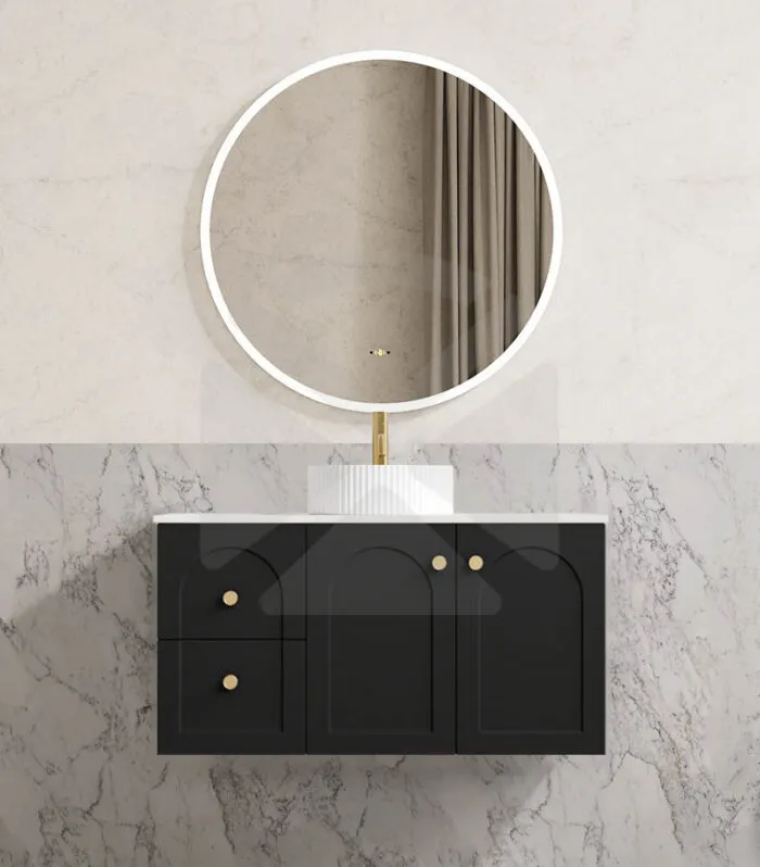 Chester 900mm Wall Hung Vanity - Matt Black with Marble Stone Top LHD