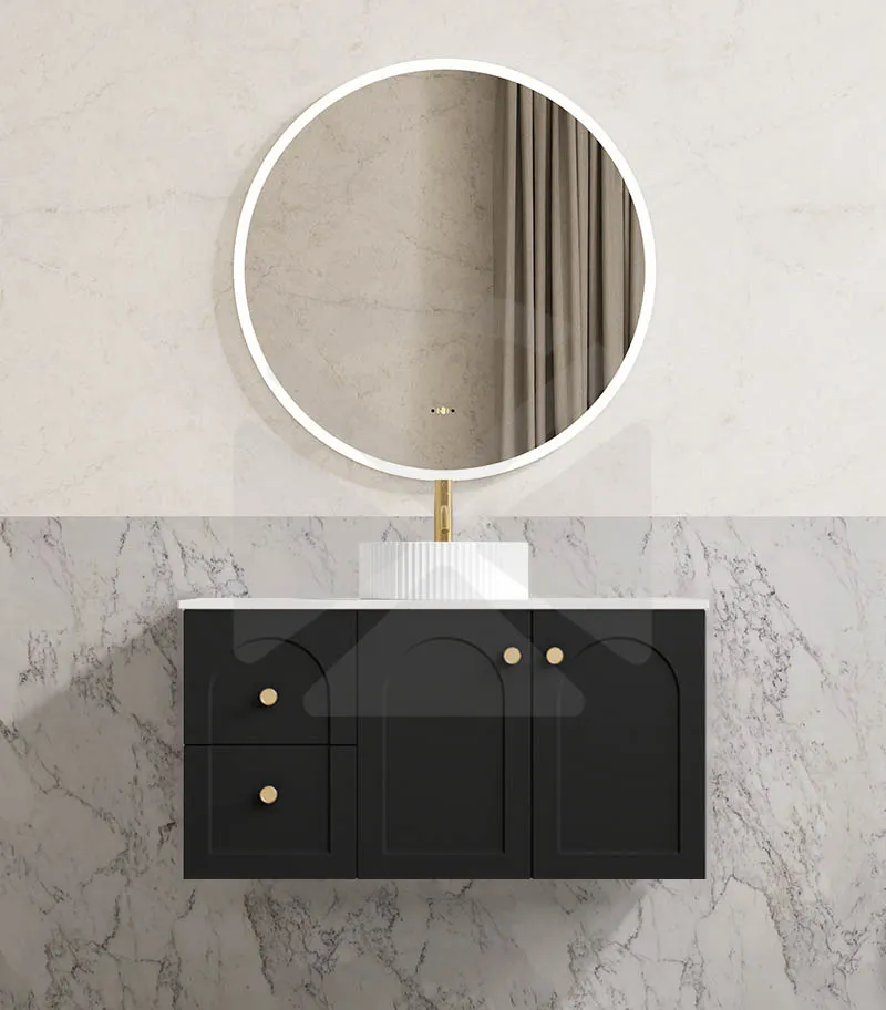 Chester 900mm Wall Hung Vanity - Matt Black with Marble Stone Top LHD