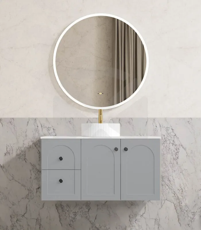 Chester 900mm Wall Hung Vanity - Matt Grey with Marble Stone Top LHD