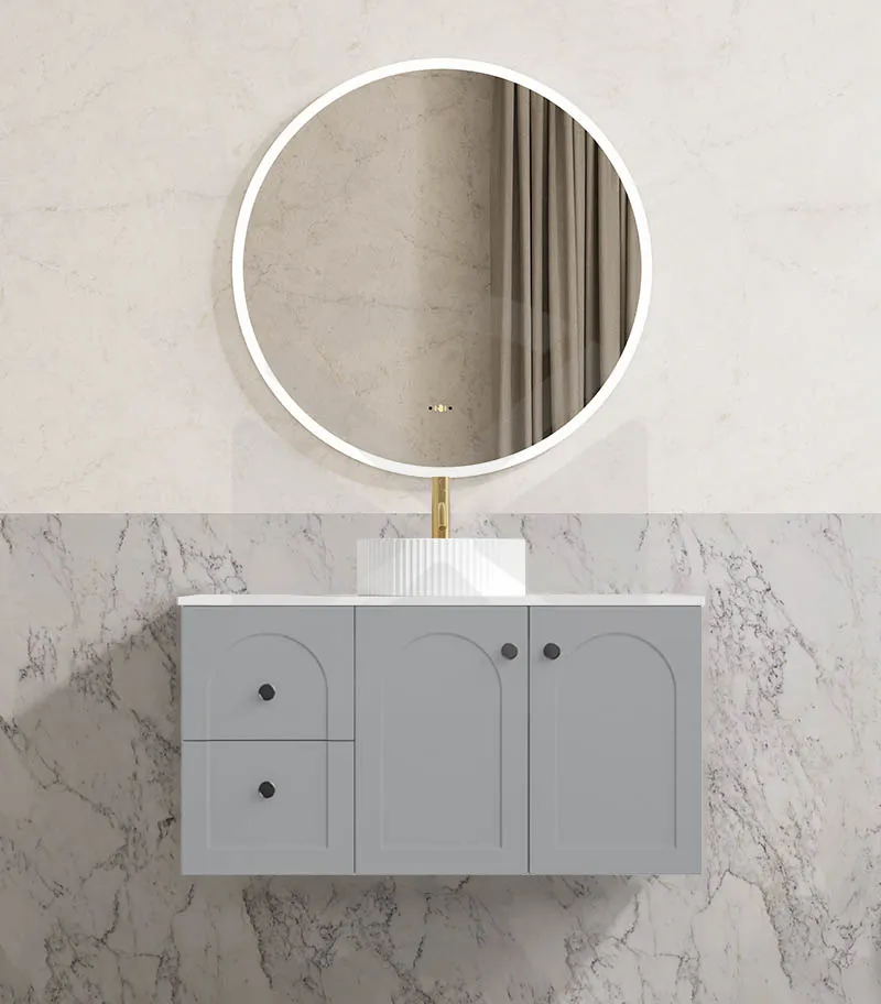 Chester 900mm Wall Hung Vanity - Matt Grey with Marble Stone Top LHD