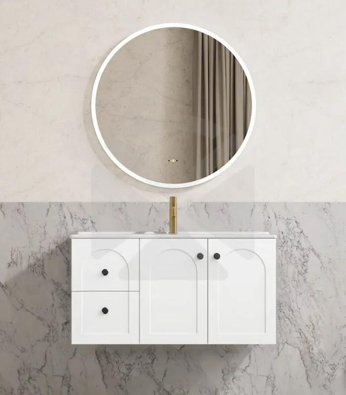Chester 900mm Wall Hung Vanity - Matt White with Ceramic Top LHD