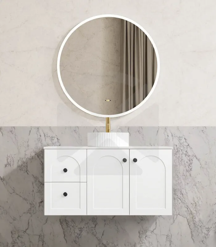 Chester 900mm Wall Hung Vanity - Matt White with Marble Stone Top LHD