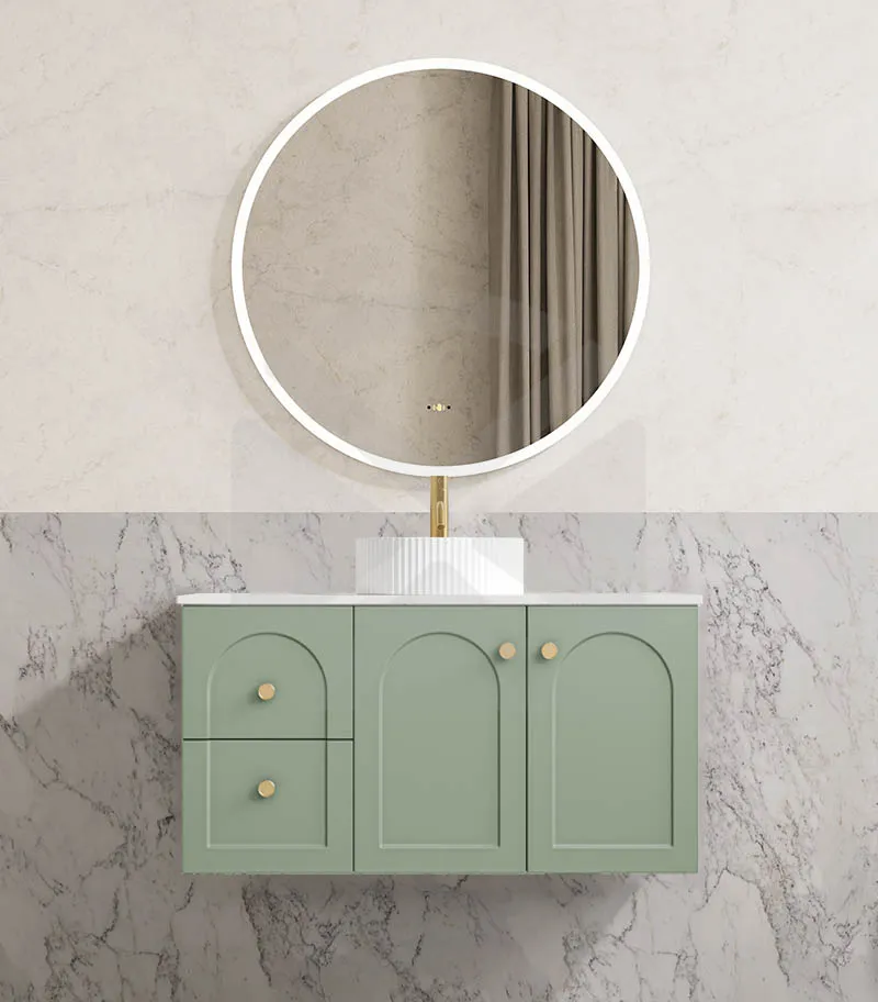Chester 900mm Wall Hung Vanity - Matt Green with Marble Stone Top LHD