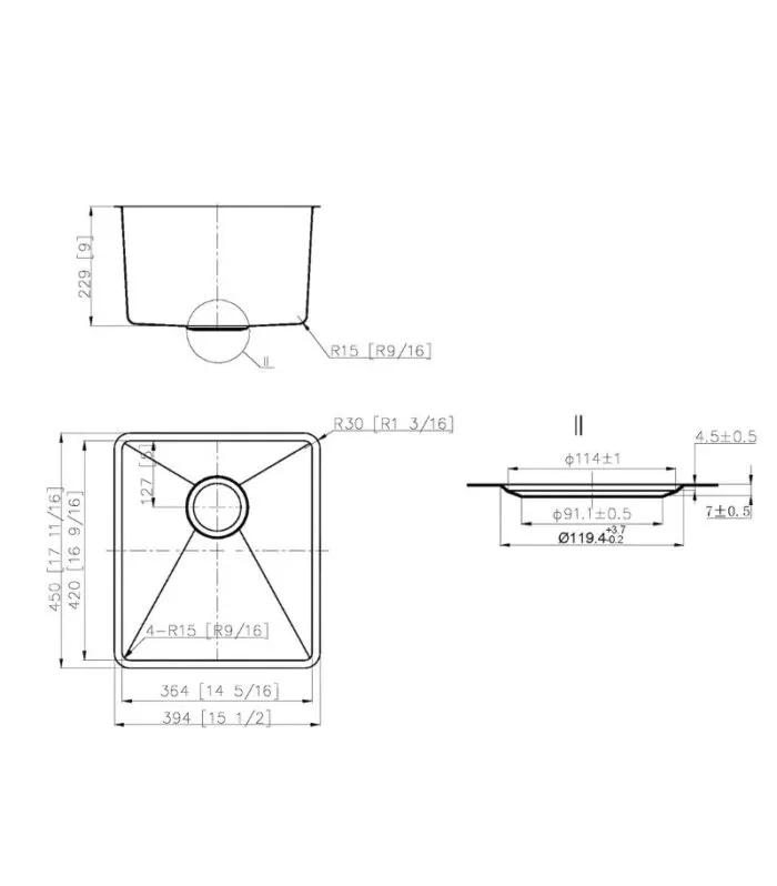 Otus 394x450x229mm Stainless Steel Single Bowl Sink - Specification