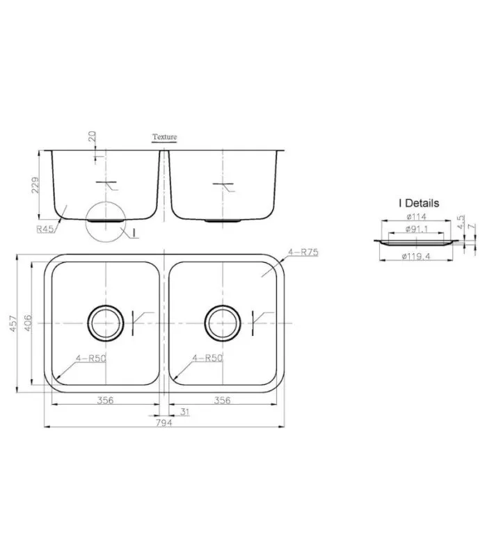 Otus 794x457x229mm Stainless Steel Double Bowl Sink - Specification