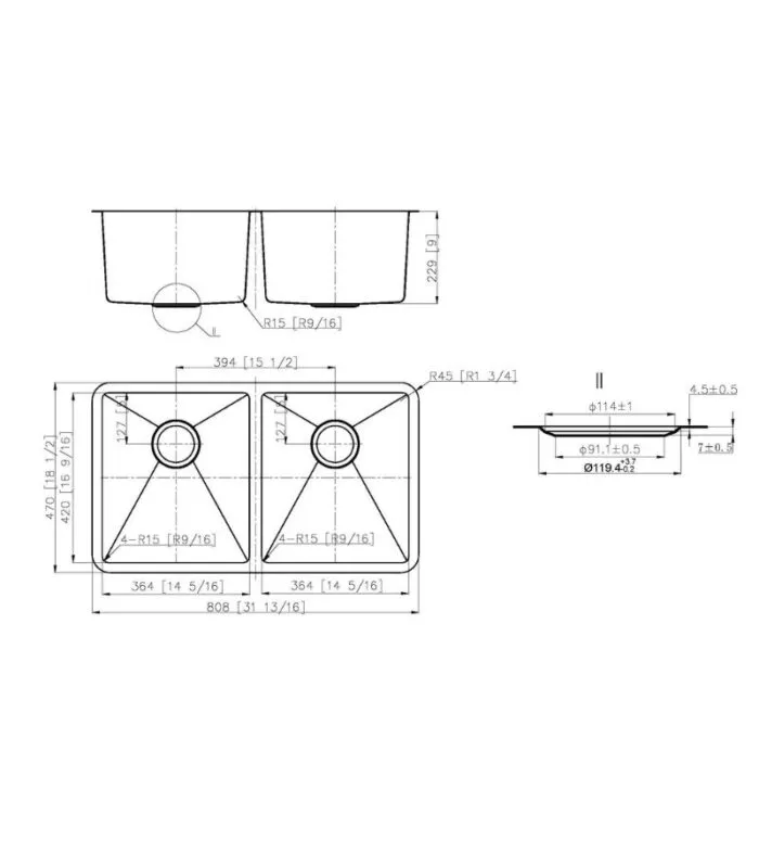 Otus 808x470x229mm Stainless Steel Double Bowl Sink - Specification