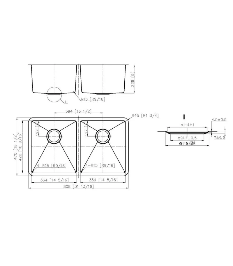 Otus 808x470x229mm Stainless Steel Double Bowl Sink - Specification