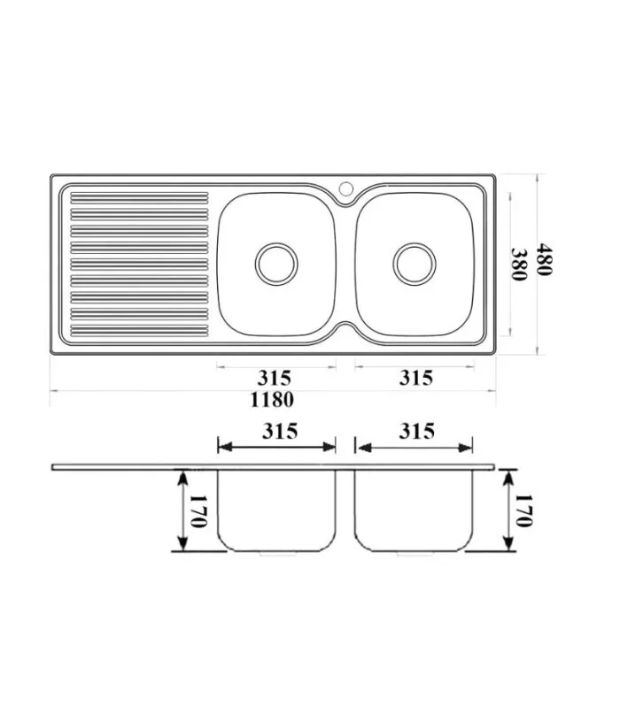 Eden 1180x480x170mm Stainless Steel Double Bowl Sink with Drainer | RHB - Specification