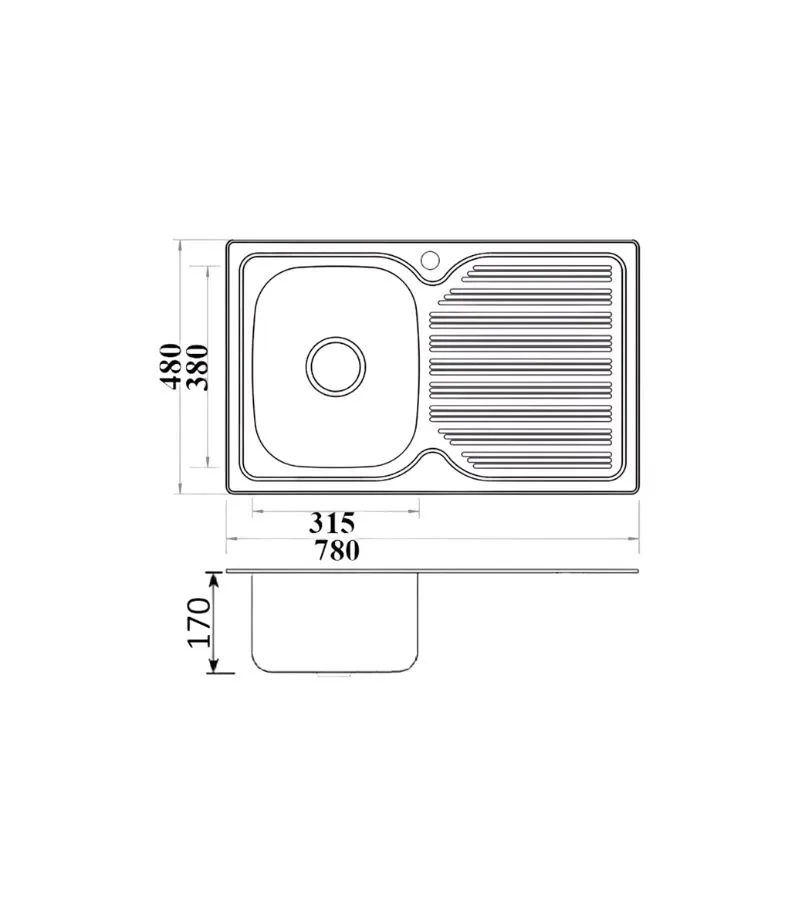 Eden 780x480x170mm Stainless Steel Single Bowl Sink with Drainer - LHB | Specification
