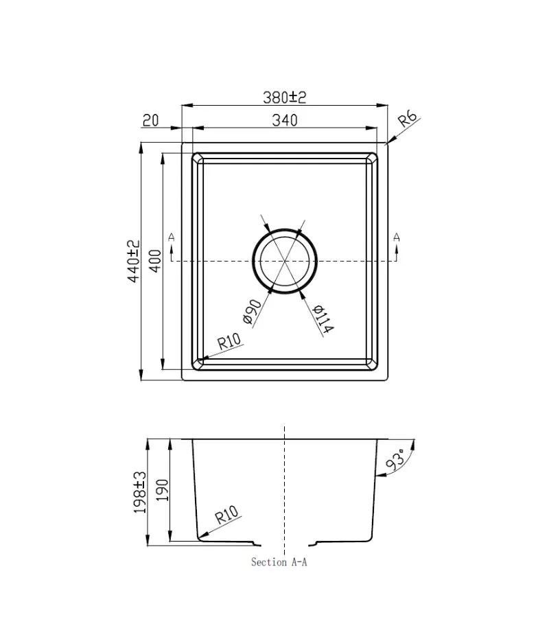 Cora 380x440x198mm Stainless Steel Single Bowl Sink – 93° Side Walls - Specification