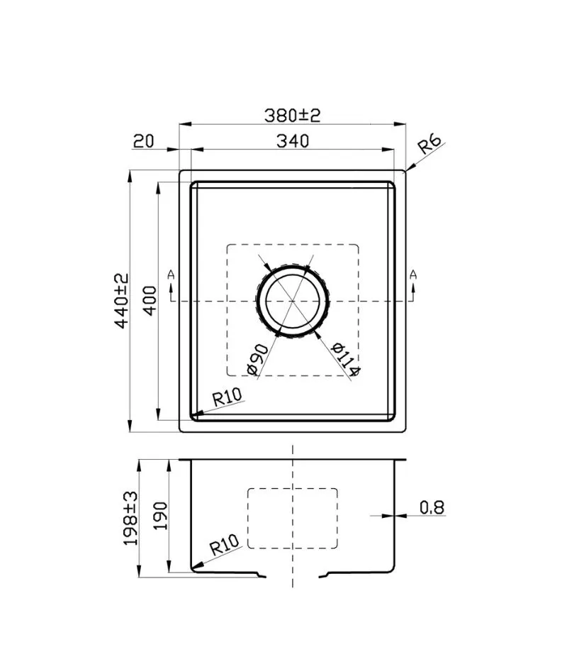 Cora 380x440x198mm Stainless Steel Single Bowl Sink - Specification