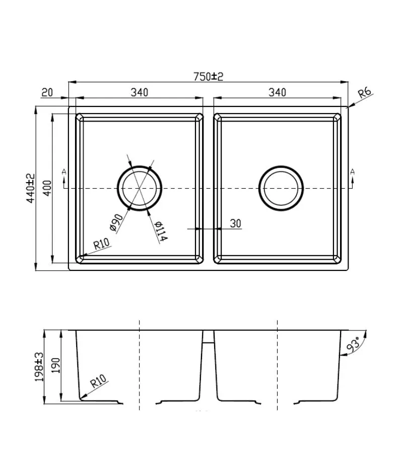 Cora 750x440x198mm Stainless Steel Double Bowl Sink – 93° Side Walls - Specification