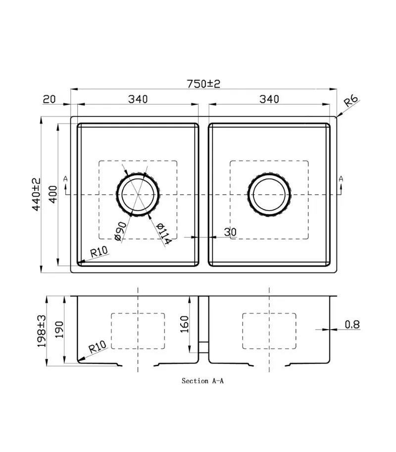 Cora 750x440x198mm Stainless Steel Double Bowl Sink - Specification
