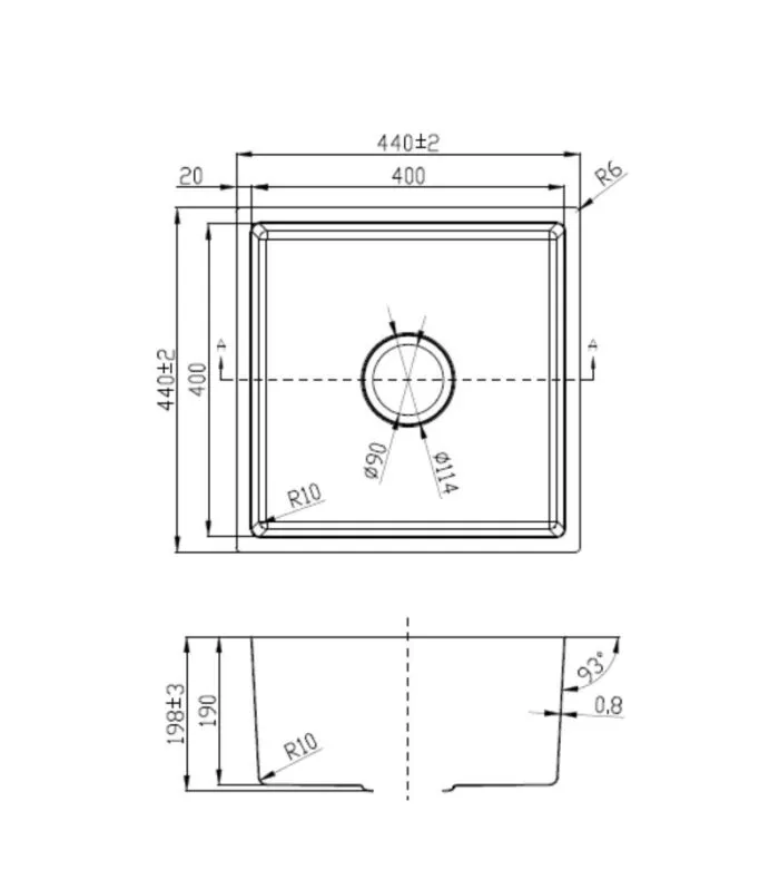 Cora 440x440x198mm Stainless Steel Single Bowl Sink – 93° Side Walls | Specification