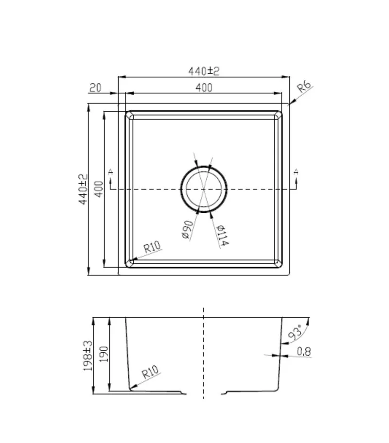Cora 440x440x198mm Stainless Steel Single Bowl Sink – 93° Side Walls | Specification