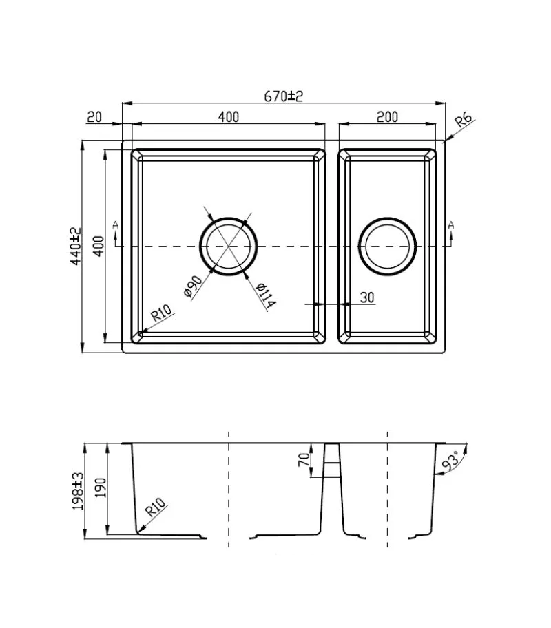 Cora 670x440x198mm Stainless Steel 1&1/2 Bowl Sink – 93° Side Walls - Specification