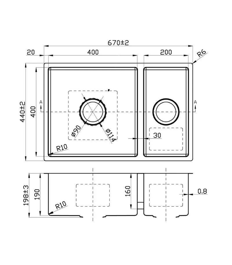 Cora 670x440x198mm Stainless Steel 1&1/2 Bowl Sink - Specification