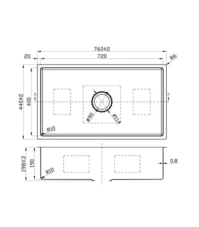 Cora 760x440x198mm Stainless Steel Single Bowl Sink - Specification
