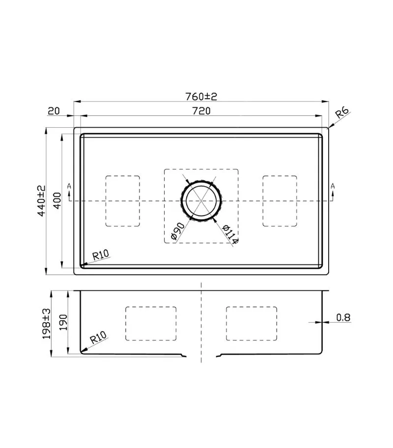 Cora 760x440x198mm Stainless Steel Single Bowl Sink - Specification