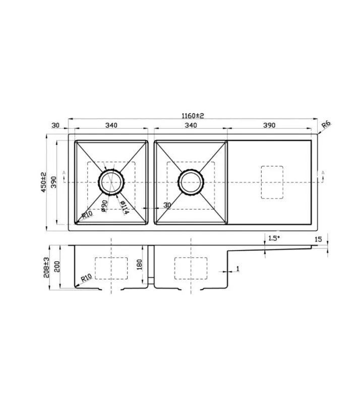 Eden 1160x450x208mm Stainless Steel Double Bowl Sink with Drainer - Specification