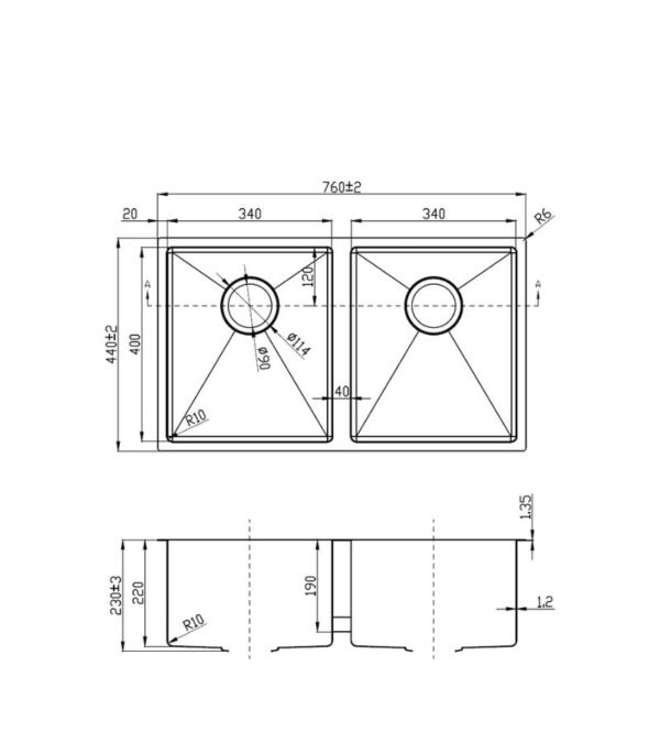 Eden 760x440x230mm Stainless Steel Double Bowl Sink - Specification