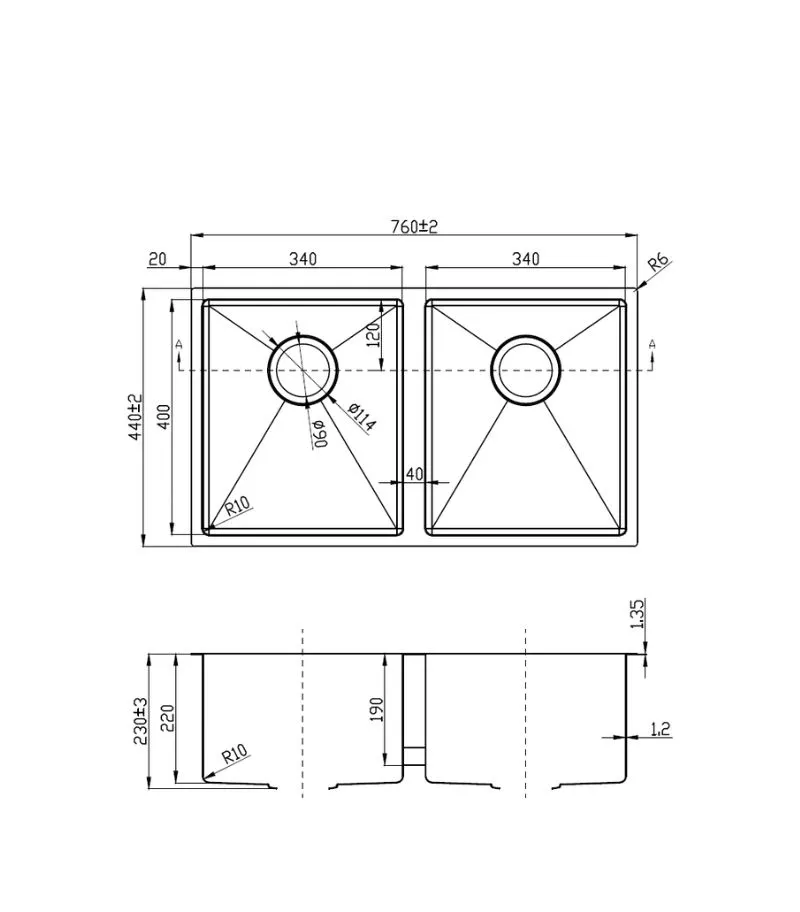 Eden 760x440x230mm Stainless Steel Double Bowl Sink - Specification
