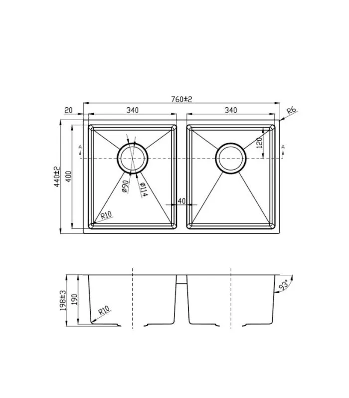 Eden 760x440x198mm Stainless Steel Double Bowl Sink - 93° Side Walls - Specification