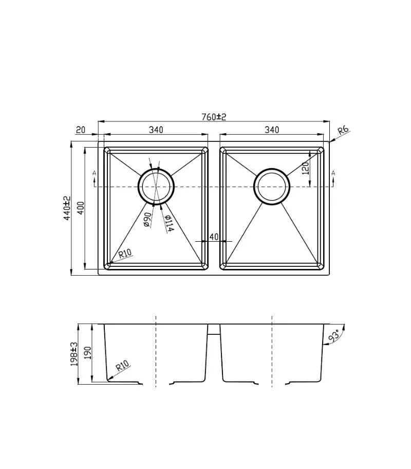 Eden 760x440x198mm Stainless Steel Double Bowl Sink - 93° Side Walls - Specification