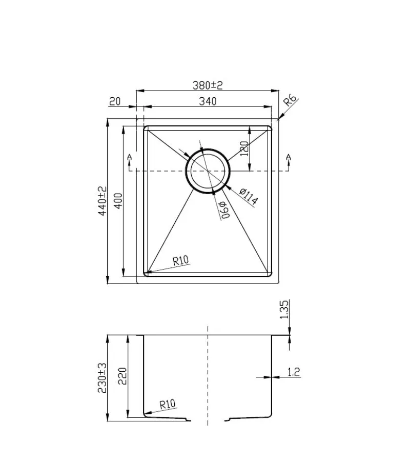 Eden 380x440x230mm Stainless Steel Single Bowl Sink - Specification
