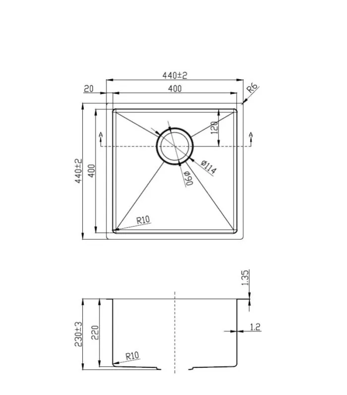 Eden 440x440x230mm Stainless Steel Single Bowl Sink - Specification