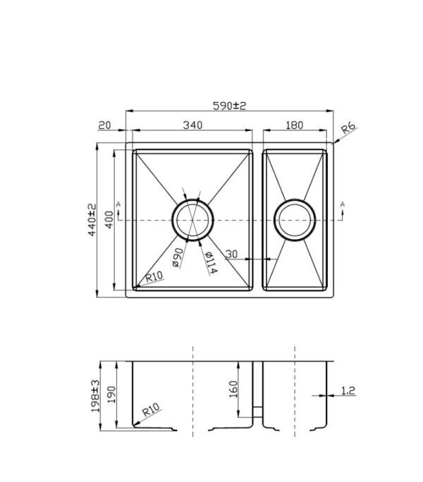 Eden 590x440x198mm Stainless Steel 1&1/2 Bowl Sink - Specification