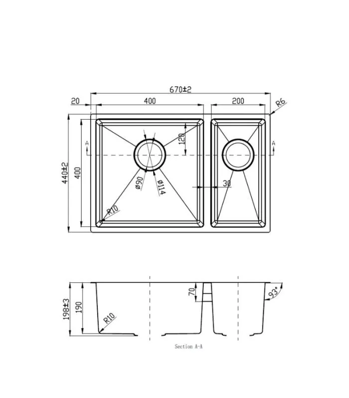 Eden 670x440x198mm Stainless Steel 1&1/2 Bowl Sink – 93° Side Walls - Specification