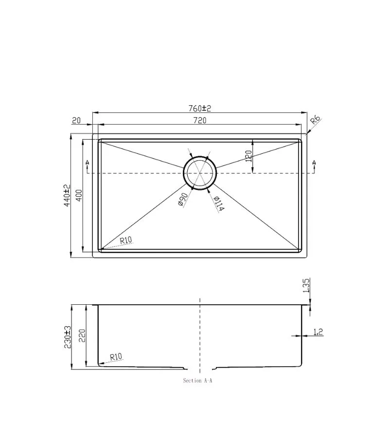 Eden 760x440x230mm Stainless Steel Single Bowl Sink - Specification
