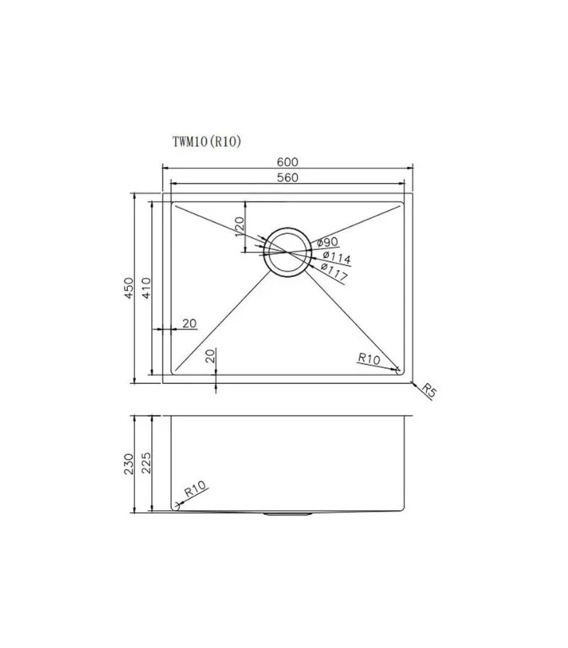 Aqua 600x450x230mm Stainless Steel Single Bowl Sink - Specification