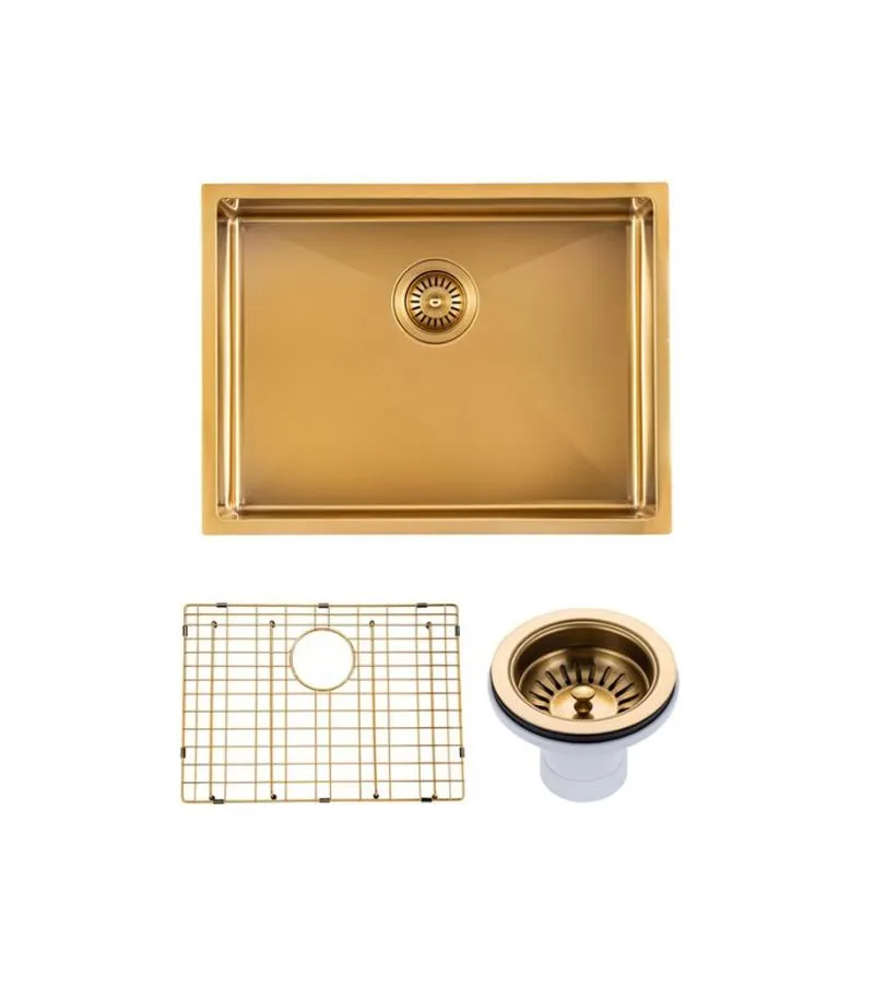 Aqua 600x450mm Stainless Steel Single Bowl Sink - Brushed Brass