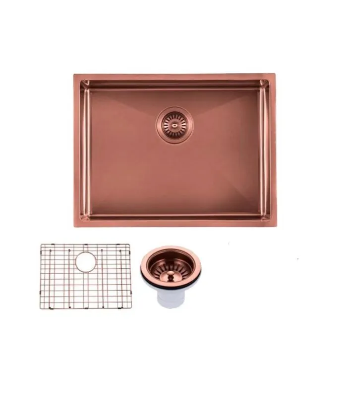 Aqua 600x450mm Stainless Steel Single Bowl Sink - Rose Gold