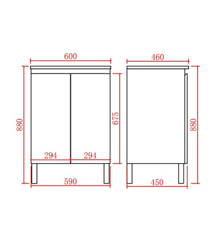 Alpha 600mm Floorstanding Vanity with Legs - Gloss White | Specification