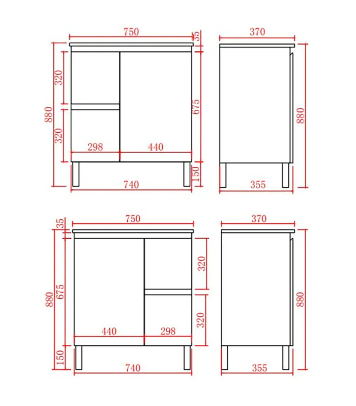 Alpha 750mm Narrow Floorstanding Vanity with Legs - Gloss White Specification