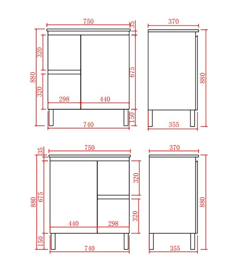 Alpha 750mm Narrow Floorstanding Vanity with Legs - Gloss White Specification