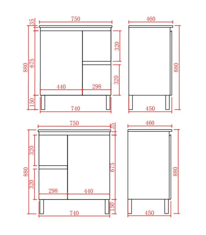 Alpha 750mm Floorstanding Vanity with Legs - Gloss White | Specification
