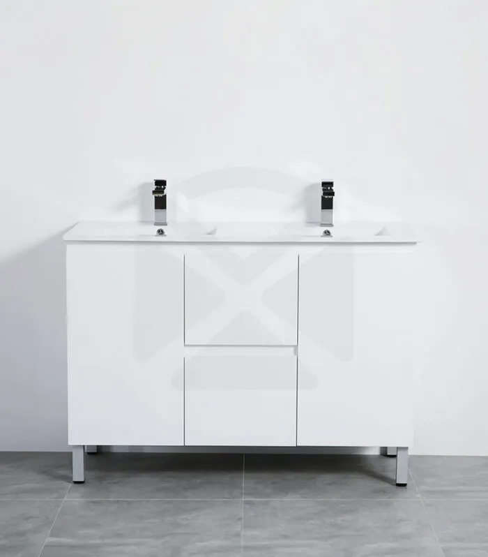 Alpha 1200mm Double Bowl Floorstanding Vanity with Legs - Gloss White with Ceramic Top